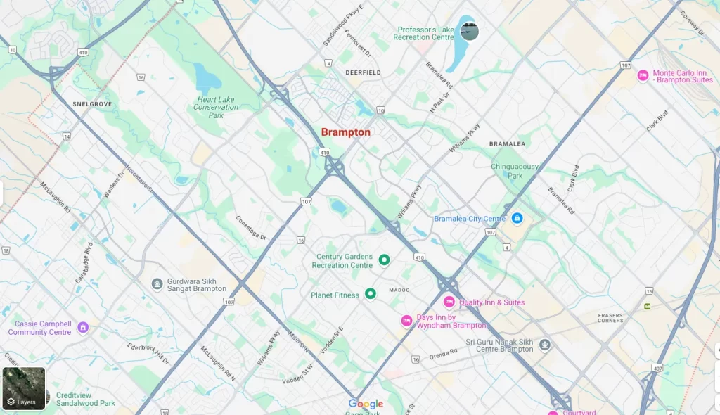 google map showing important landmarks in brampton