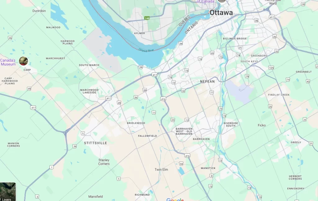 google map showing ottawa landmarks