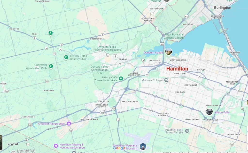 google map showing landmarks in hamilton