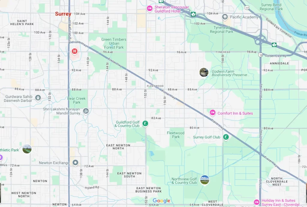 google map, google map showing landmarks in surrey